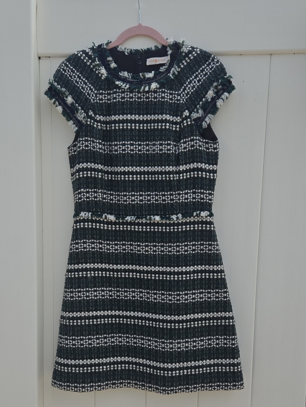 Tory Burch Green and White Tweed Short-Sleeve Dress